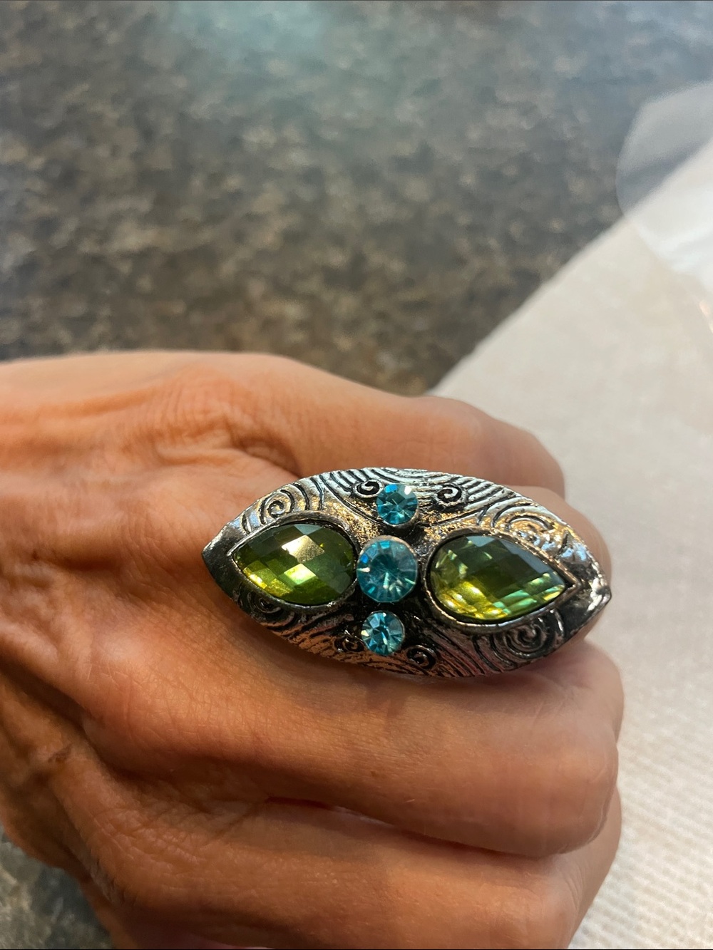 Source Unknown Green and Blue Crystal Teardrop Statement Ring